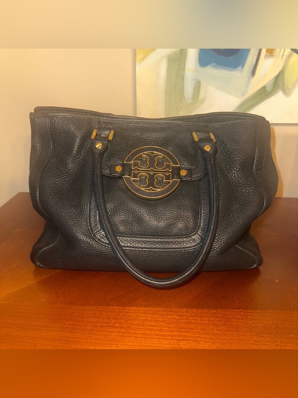 Tory Burch Black Pebbled Leather Logo Shoulder Tote